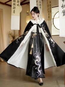 Autumn Elegant Chinese Style Elastic Waist Dragon Embroidery Chinese Dress 1 Piece Of Skirt For Chinese Wedding, Chinese New Year, Daily, Street, Commuting, Home And Other Occasions To Wear Hanfu Bottoms (Waistbelt For Free) - Black - View 2