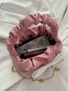 时尚褶皱月牙形女士手提包，配云朵形顶部提手、蝴蝶结和丝巾装饰，休闲迷你单肩包，金属链条肩带，适合单肩背和斜挎，是送给她的完美情人节礼物，女士蝴蝶结钱包，最佳情人节礼物之选，时尚女士蝴蝶结钱包，粉色 - 粉色 - 查看 6