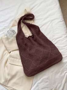 Women Hollow Knitted Shoulder Bag Simple Crochet Handbag Lightweight Casual Hollow Out Pattern Crochet Bag Vacation Style For Teen Girls Women College Students Perfect For College,Outdoors, Travel, Outings,Casual Vacation, Beach Bag, Shoulder Bag, Tote Bag, Perfect For Beach Vacation, Shopping, And Vacation Essentials, Eye-Catching Beach Bag Summer, Perfectly Matching With Crochet Set, Hottest Beach Bags For Women, Beach Necessities, Beach Essentials,Beach Stuff & Summer Essentials, Newest Holiday Bag , Crochet - Coffee Brown - View 2