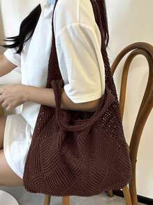 Women Hollow Knitted Shoulder Bag Simple Crochet Handbag Lightweight Casual Hollow Out Pattern Crochet Bag Vacation Style For Teen Girls Women College Students Perfect For College,Outdoors, Travel, Outings,Casual Vacation, Beach Bag, Shoulder Bag, Tote Bag, Perfect For Beach Vacation, Shopping, And Vacation Essentials, Eye-Catching Beach Bag Summer, Perfectly Matching With Crochet Set, Hottest Beach Bags For Women, Beach Necessities, Beach Essentials,Beach Stuff & Summer Essentials, Newest Holiday Bag , Crochet - Coffee Brown - View 4