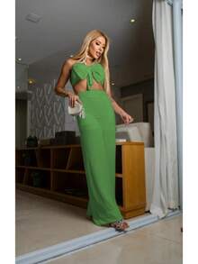 Cropped Pants Set Bow Tie Elegant Strap Collar Summer Beach Basic Casual Everyday Bell-Bottoms Fashion Blogger Fashion Summer 2025 New Year Christmas Luxury Foreign Fashion Casual Versatile Sophisticated Set - Cờ xanh - Xem 2