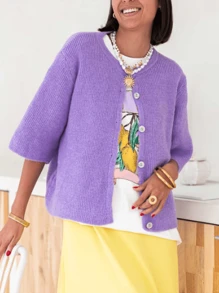 Women's Knit Cardigan Half Sleeve Round Neck Solid Color Button Up Knitwear - 紫色 - 查看 2
