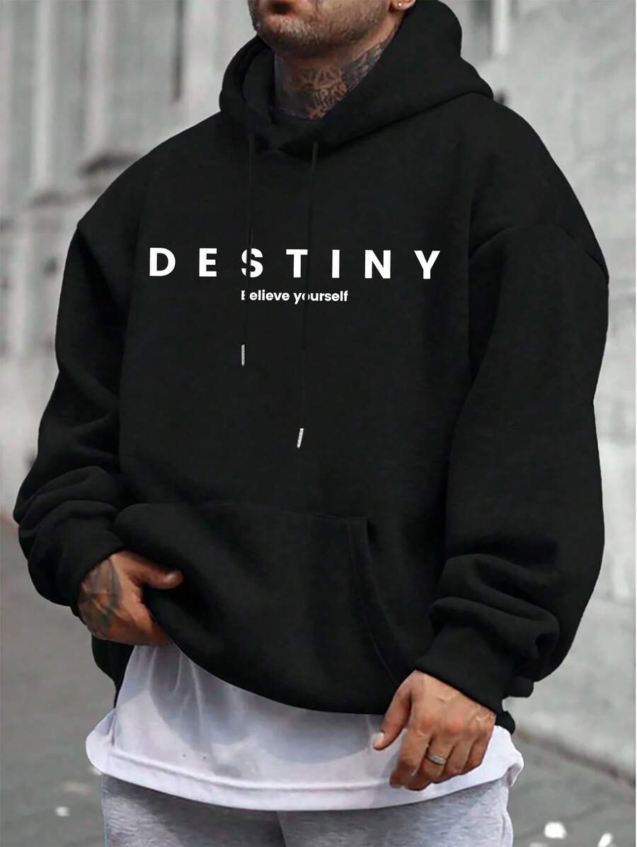 250g Hoodies / 1pc Hoodies / 100% Polyester, Destiny, Letter Print Kangaroo Pocket Hoodies, Men's Casual Long Sleeve Drawstring, Autumn And Winter - 黑色 - 查看 1