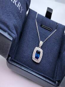 Dây chuyền mặt đá Sapphire bạc Sterling 925, Pha lê lát hoàn toàn sang trọng tối giản, đa năng để đeo hàng ngày hoặc đi làm - Bạc - Xem 2