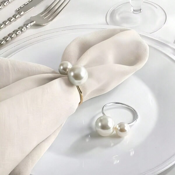 10/50/100pcs Artificial Metal Pearl Napkin Rings, Gold & Silver Napkin Holders, Tabletop Napkin Clips, Suitable For Wedding Party, Home Dining Table Decor