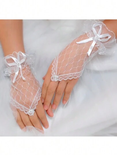 1 pieza Velo de novia blanco accesorio de vestido de boda, guantes cortos sin dedos con acento de lazo de satén, encaje y cristales