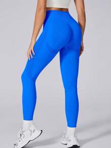 سروال تايتس نسائي عالي الخصر مقاوم للانحناء باللون الواحد، عصري للتمارين، للركض، للتدريب، للنشاطات اليوجا - الأزرق - مشاهدة 4