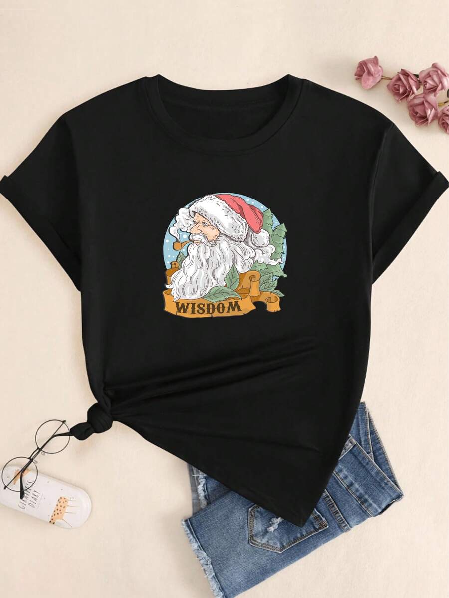 Wisdom Babylook Comfort Short Sleeve Casual Santa Claus Printed T-Shirt - 所以 - 查看 1