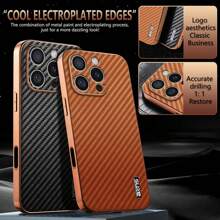 Ốp lưng điện thoại di động cao cấp in sợi carbon viền da mạ điện mới Tương thích: Galaxy S24 Ultra S24 Plus S24/IPhone 16/16Pro/16Plus/16Promax - màu nâu - Xem 1