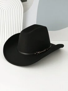 1pc Unisex Plain Color Cowboy/Cowgirl Hat, Unique Characteristic Leather Belt Decorative Headband, Suitable For Western Themed Events, Parties, Engagements, Role Play, Graduations, Masquerades, Festivals, Birthdays, Music Festivals, Street Wear, Made Of Polyester Fiber - Black - View 6