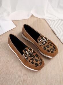 2024 New Comfortable Casual Solid Color Metal Buckle Women Flats, Outdoor Lightweight Soft Leather Leopard Print Slip-On Loafers, Retro Suede Round Toe Lace-Up Oxfords For Autumn/Winter Plus Size, European & American Style Thick Sole