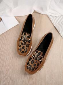 2024 New Comfortable Casual Solid Color Metal Buckle Women Flats, Outdoor Lightweight Soft Leather Leopard Print Slip-On Loafers, Retro Suede Round Toe Lace-Up Oxfords For Autumn/Winter Plus Size, European & American Style Thick Sole