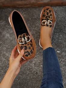 2024 New Comfortable Casual Solid Color Metal Buckle Women Flats, Outdoor Lightweight Soft Leather Leopard Print Slip-On Loafers, Retro Suede Round Toe Lace-Up Oxfords For Autumn/Winter Plus Size, European & American Style Thick Sole