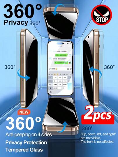 ZYONS 2pcs 360° Privacy Screen Protector For Iphone, Up And Down Left And Right Can't Visible, Protector De Phone, Anti-Peeping Anti-Fingerprint Anti-Fall Tempered Glass, All-Round Privacy Protection, Protector De Pantalla Phone, 4-Sided Privacy Protection, Compatible With IPhone 17 Pro Max 17 Air 16 Pro Max 16 Pro 16 Plus 16 16E 15 Pro Max 14 Pro Max 13 12 11 XS MAX XR X Series Phone Case Friendly, Screen Protector [360° Anti-Peeping Privacy]