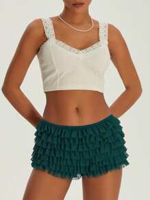 Women Y2k Lace Layered Ruffle Bloomers Shorts Micro Mini Frilly Puffy Shorts Fairy Lolita Low Rise Pettipants