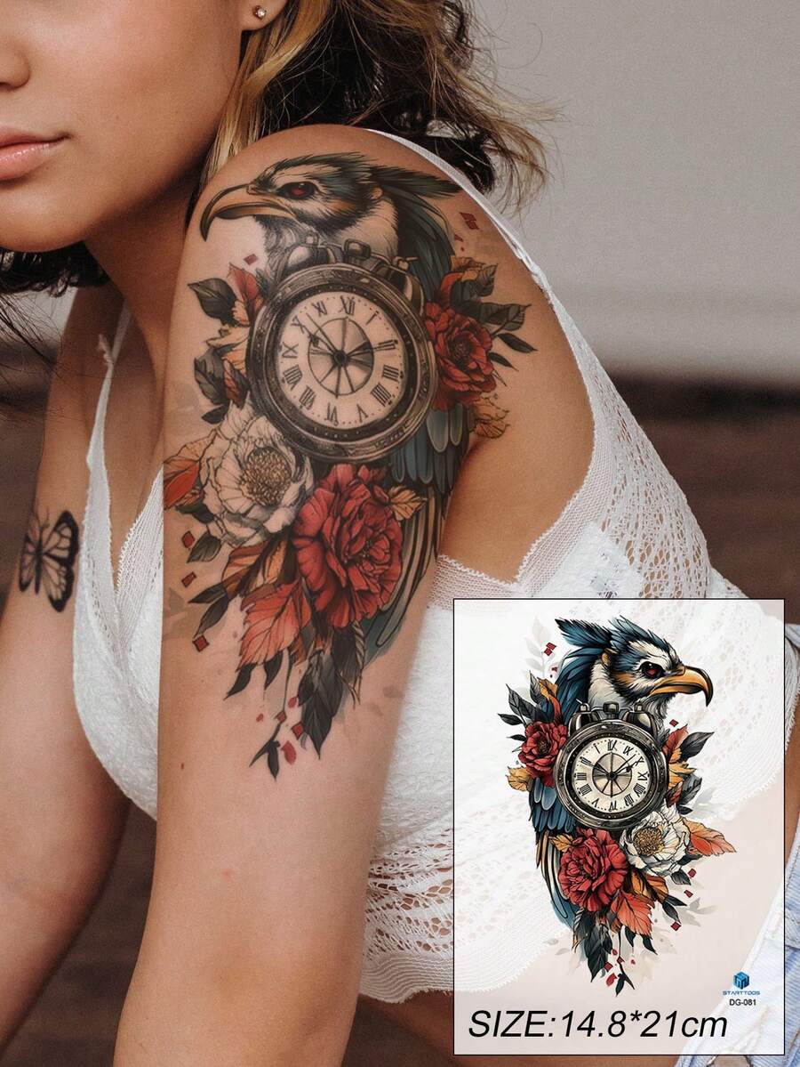 1 件彩色半袖纹身贴纸，老鹰、时钟、花朵图案设计，防水临时身体彩绘，男女皆宜 - 彩色 - 查看 1