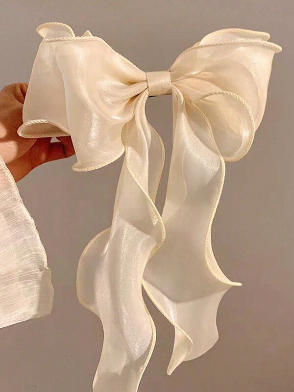 1Pc Women Hair Bow Beige Mesh Ribbon Bow With Curly Tails Elegant And Gentle Hair Barrette Bow Hair Clip Accessory For Women Daily Wear Valentine's Dayhair Accessories For Women Claw Clips Hair Claws Hair Barrettes, School Stuff