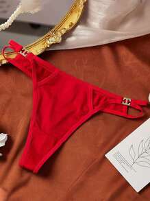 1件定制奢华性感薄缎带蕾丝镂空低腰丁字裤，女士，圣诞节