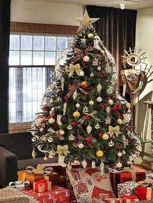 44pcs/Set Gold Christmas Ornament Balls, Christmas Balls With Strings, Gold Bows, For Christmas Tree, Festival, Wedding, Party, Home Decoration, Anti-Break, Glittering Holiday Hanging Decorations