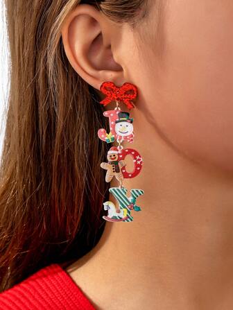 1 Pair Fashionable Christmas Acrylic Letter "JOY" Cartoon Design Earrings, Suitable As Christmas Gift For Women