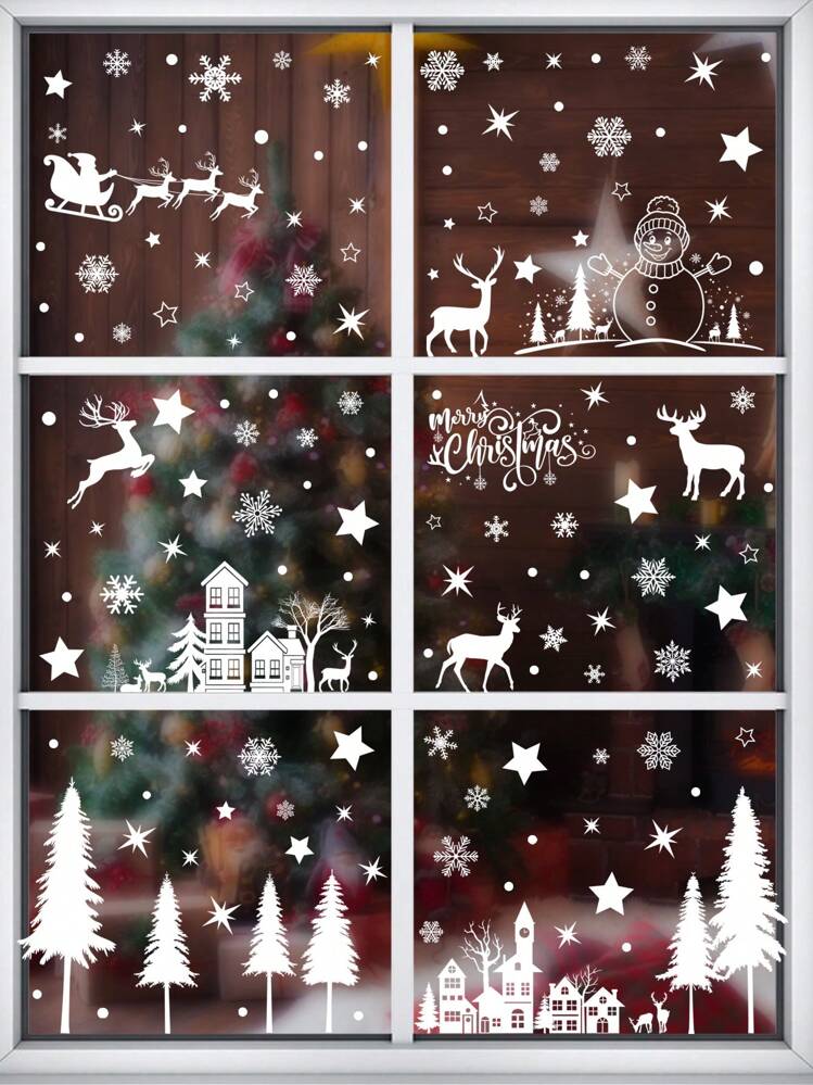 Topeedy 4 Fogli Adesivi Natalizi Per Finestre - Bianchi, Riusabili Su Entrambi I Lati - Decorazioni Feste Con Fiocchi Di Neve, Babbo Natale, Albero