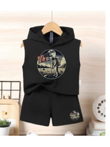 Children's Set Kit Boy Summer Tank Top Hooded Shorts Astronauts Moon - màu đen - Xem 2