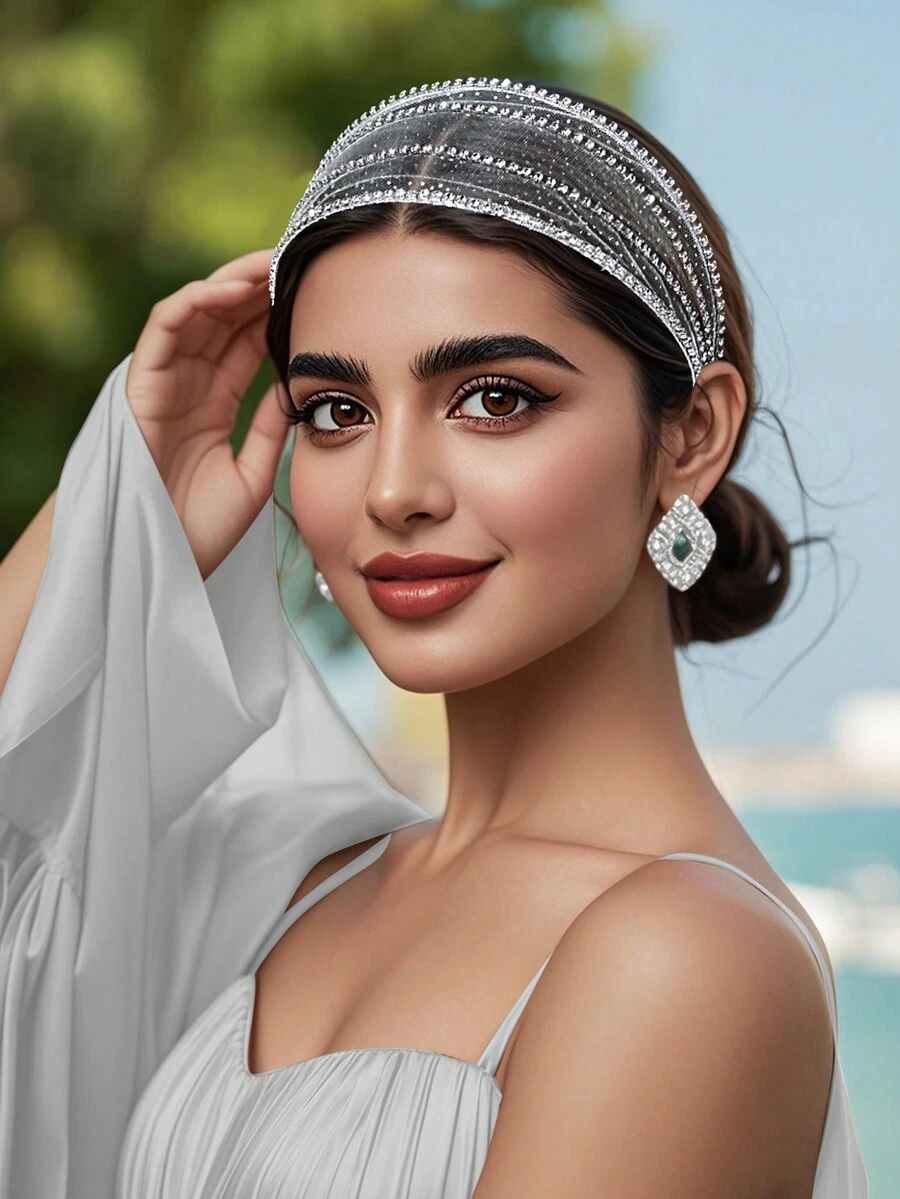 女士薄纱头带奢华时尚水晶发带，优雅甜美日常发饰