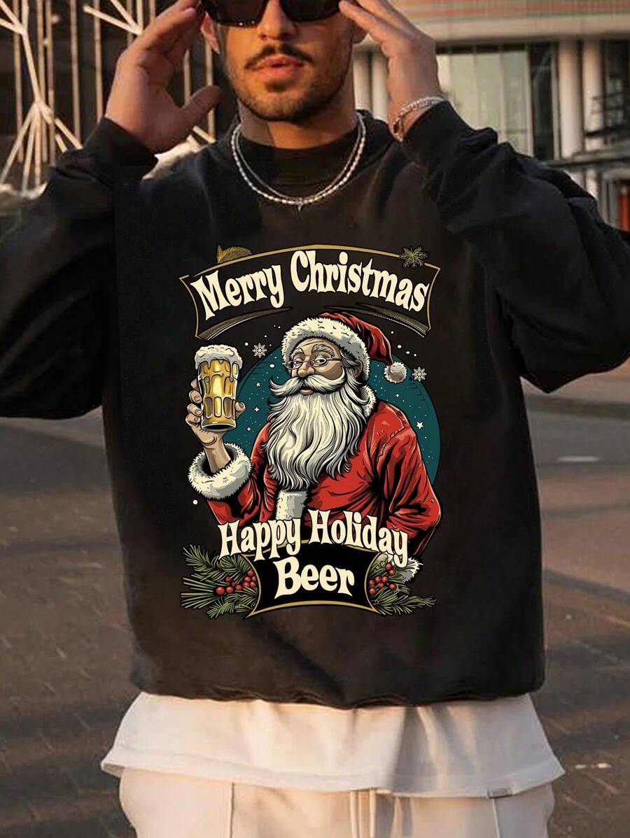 Men's Spring And Autumn Happy Christmas Beer Letters Printed Regular Round Neck Long Sleeve Sweatshirt - Black - View 1