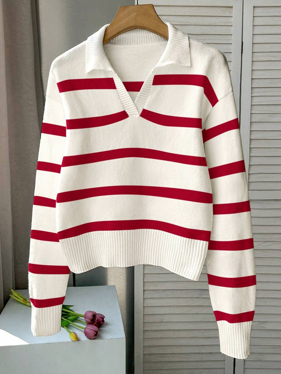 FOR BEAUTY 春夏新款红色 Polo 领半拉链复古条纹撞色长袖针织衫，女款，J 码，时尚宽松通勤风毕业季针织套头衫，新年女装 - 紅色 - 查看 1