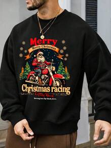 Men's Regular Fit Christmas Letter Print Crew Neck Long Sleeve Sweatshirt, Spring/Autumn - Black - View 1