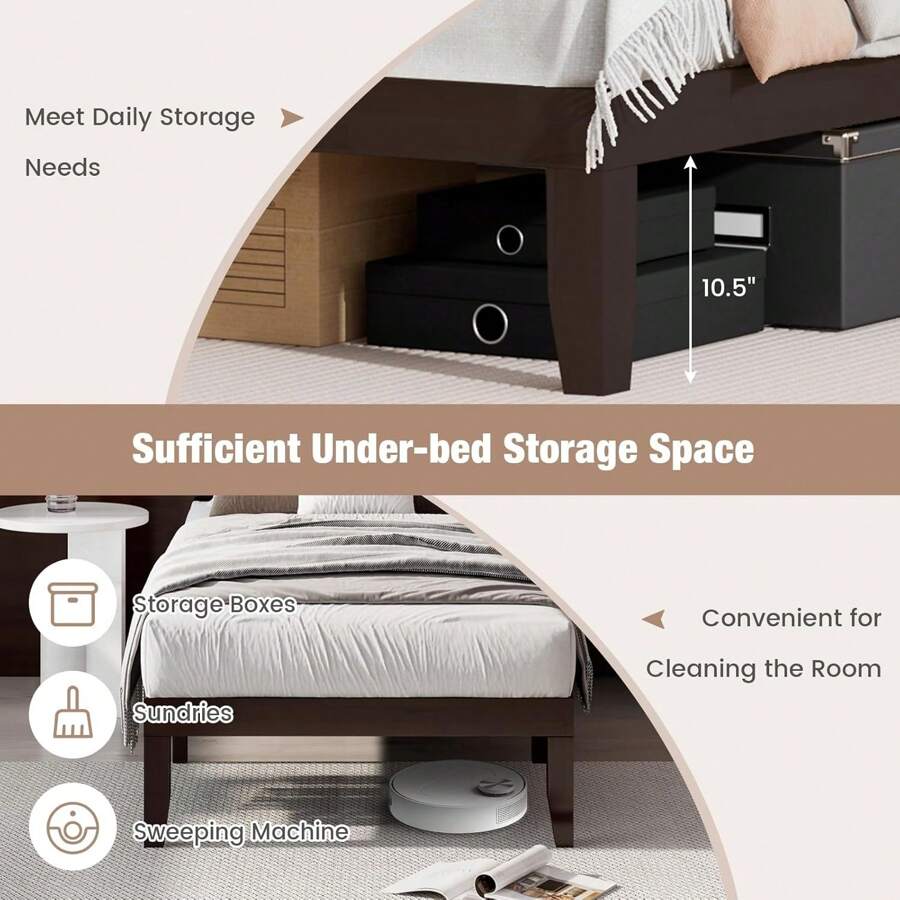 King Wood Platform Bed Frame, 14 Inch Solid Rubber Wood Mattress