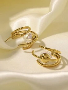 1 对奢华法式仿珍珠镶嵌时尚优雅几何设计女士耳环，个性化珠宝 - 金黃色 - 查看 4