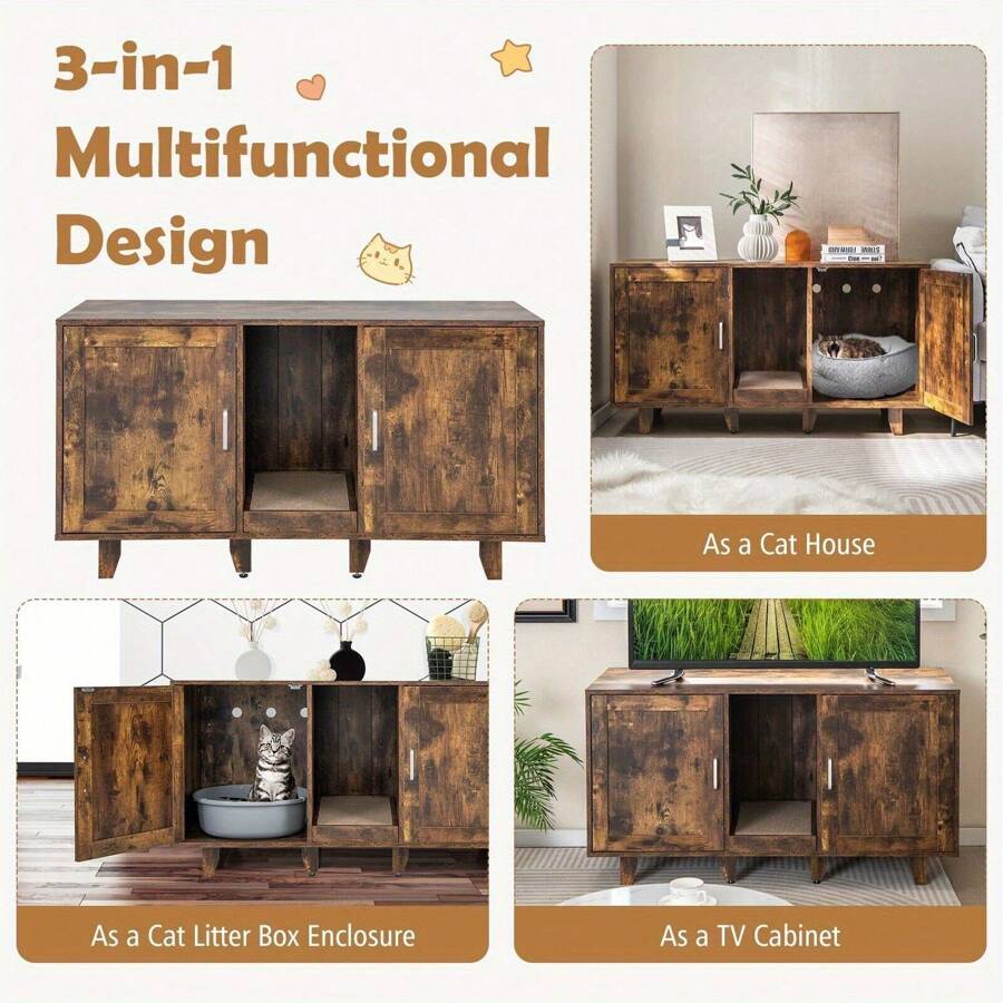 Large Cat Litter Box Enclosure Furniture Wooden Kitty Washroom Hidden