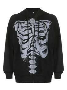 Women Y2K Skeleton Zip Up Hoodie Fairy Grunge Skull Graphic Oversized Long Sleeve Gothic Hooded Sweatshirt Pullover Tops Fall Winter Vintage Aesthetic Jacket Coats Teen Girls Goth Harajuku Clothes Outerwear Streetwear Halloween Clothes Outfits - 黑色 - 查看 6