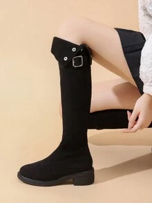 Giày bốt nữ đế thấp mũi tròn cao đến đầu gối, chất liệu da lộn giả màu đen, phù hợp với phong cách thường ngày, có khóa trang trí - màu đen - Xem 5