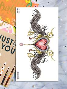 1 张女性胸下大腿绑带人体艺术临时纹身贴纸，红心宝石风格羽毛翅膀图案，防水假纹身，持续 2-5 天，遮盖疤痕，可用于手臂手腕肩部腿部腰部颈部手部胸部大腿 - 彩色 - 查看 5