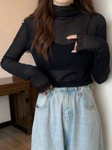 休闲生菜下摆透明高领无袖衬衫，适合春夏季 - 黑色 - 查看 5