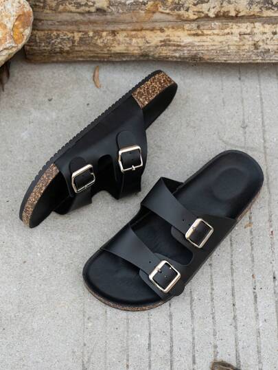 Men's Dual Buckle Soft Cork Sandals, Beach Slippers, Outdoor Flip-Flops, Minimalist, Fashionable, Breathable