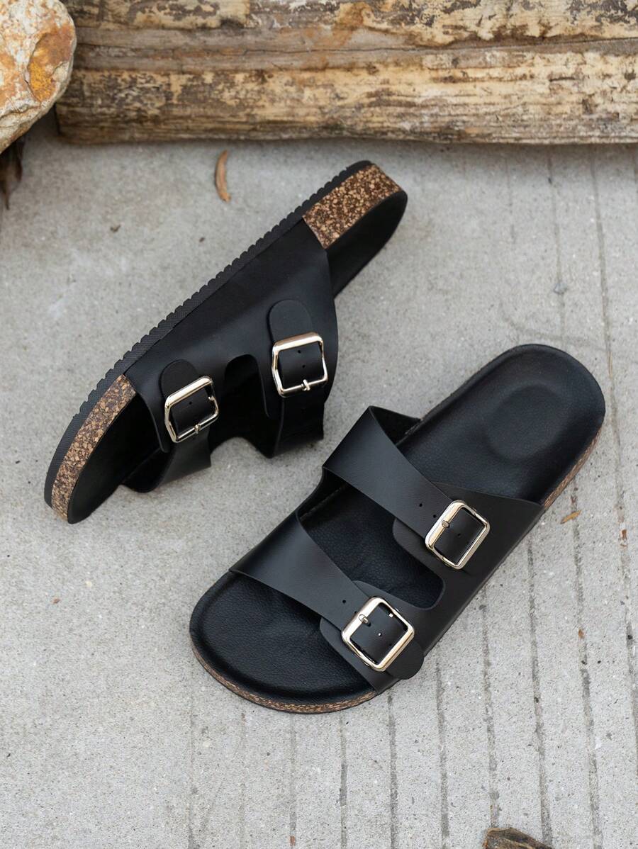 Men's Dual Buckle Soft Cork Sandals, Beach Slippers, Outdoor Flip-Flops, Minimalist, Fashionable, Breathable - Black - View 1