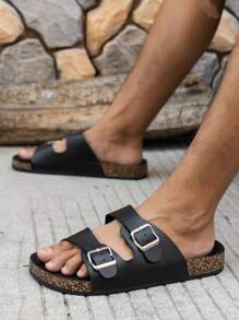 Men's Dual Buckle Soft Cork Sandals, Beach Slippers, Outdoor Flip-Flops, Minimalist, Fashionable, Breathable - Black - View 4