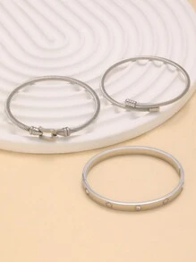 3 件时尚奢华不锈钢手镯套装，镶嵌锆石八角星、四叶草、十字架，适合日常佩戴，适合情侣或礼物 - 銀色 - 查看 4