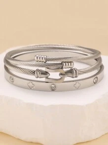 3 件时尚奢华不锈钢手镯套装，镶嵌锆石八角星、四叶草、十字架，适合日常佩戴，适合情侣或礼物 - 銀色 - 查看 2