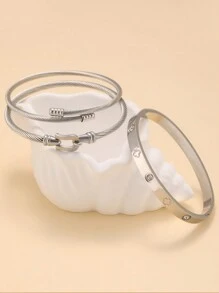 3 件时尚奢华不锈钢手镯套装，镶嵌锆石八角星、四叶草、十字架，适合日常佩戴，适合情侣或礼物 - 銀色 - 查看 3