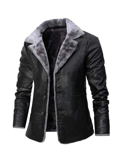 Men PU Leather Teddy Lined Coat, Fall/Winter