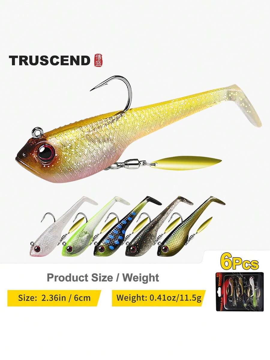 Bộ 6 mồi câu mềm cao cấp TRUSCEND có lưỡi xoay 360°, làm bằng vật liệu Nhật Bản chất lượng cao, hoạt động tuyệt vời, thích hợp cho nước ngọt hoặc nước mặn, tương thích với đồ câu cá rô, cá hồi, cá mú, cá chép
