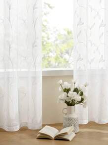 2 Stück weiße transparente Vorhänge mit salbeigrünem Blumenmuster, Ösenfalten, halbtransparent, geeignet für Schlafzimmer, Wohnzimmer, Balkon, Land-, Farmhaus-Stil