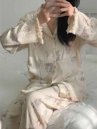 2pcs Women Sleepwear Pajama Set, Featuring Tasseled Apricot Color Bunny Print, Button-Front Long Sleeve Top And Loose Fit Long Pants, Suitable For Home Wear In Spring And Autumn, Two Pieces Set, Fall Winter Clothes