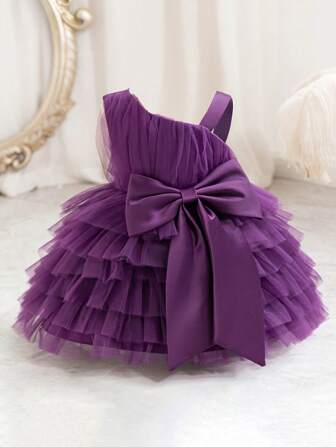 Baby Girls Deep Purple High Quality Princess Style Formal Dress, Suitable For Role-Play Party