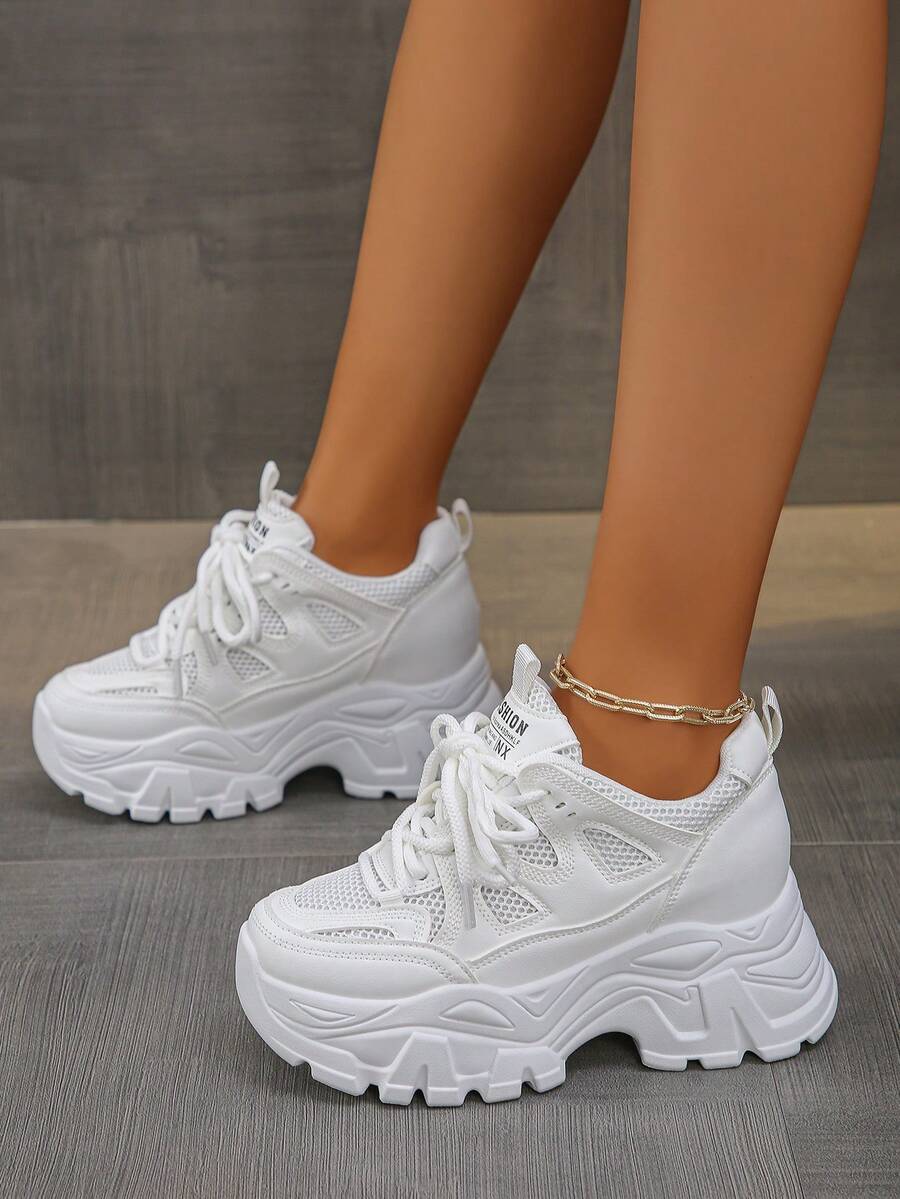 女士厚底厚底运动鞋，舒适时尚系带高跟休闲鞋 - 白色 - 查看 1