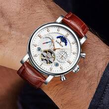 KINYUED Multi-Functional Mechanical Watch Flywheel Automatic Men's Watch Moon Phase Mechanical Watch Business Men's Watch